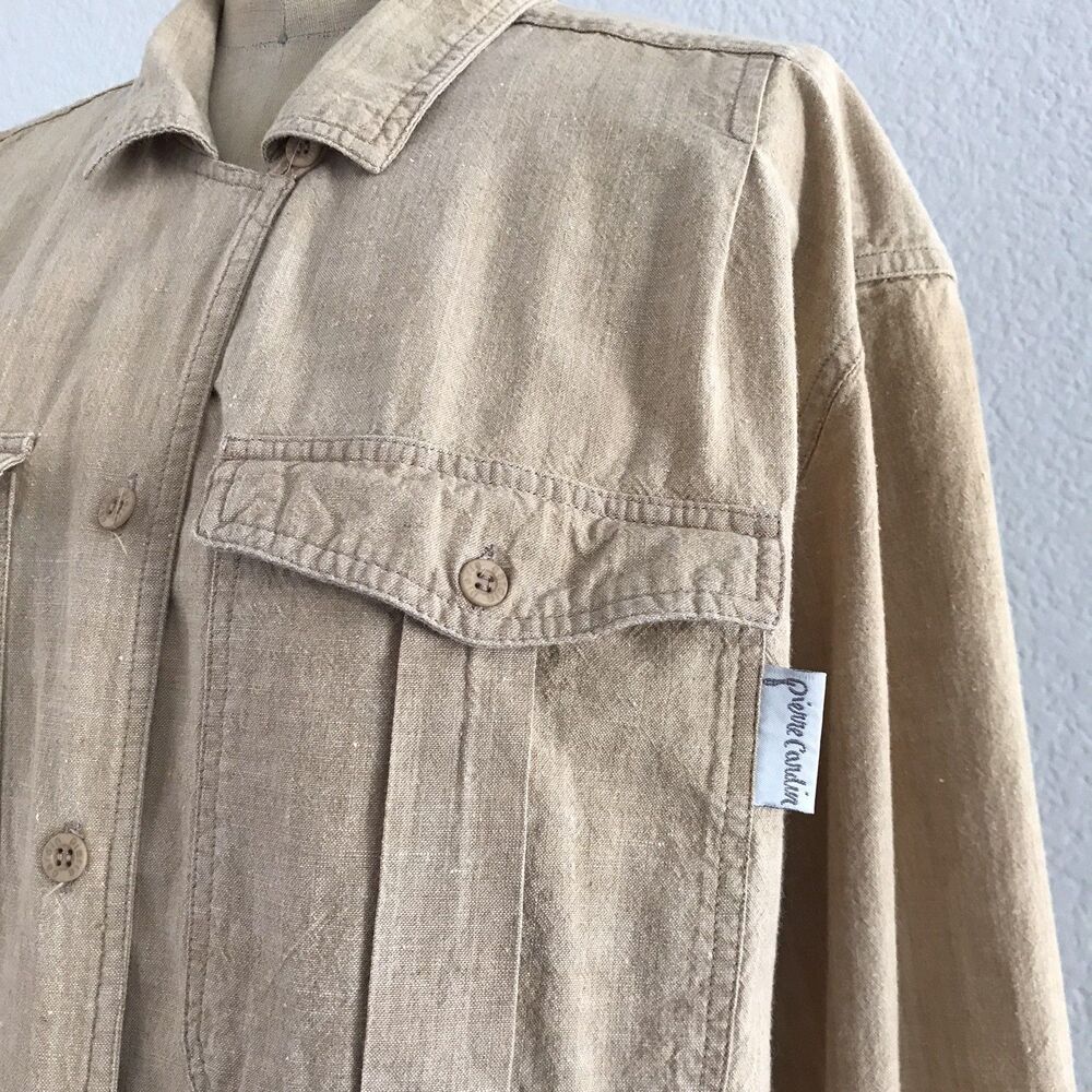 Vintage Pierre Cardin Tan Neutral Cotton Long Sleeve Safari Shirt Women's Size M - Picture 2 of 7